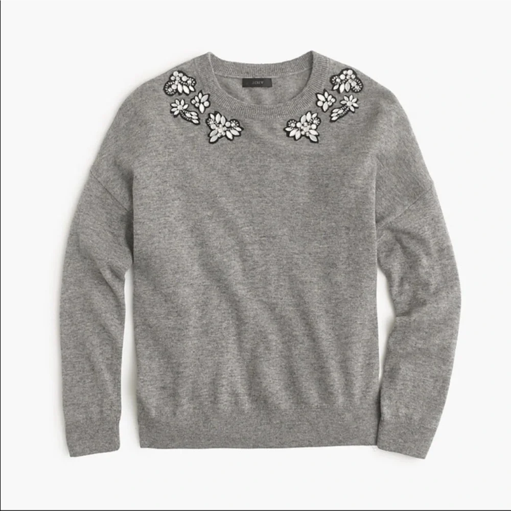 J Crew Women's Opal Embellished Crew Neck Sweater Top Gray EUC Size Small